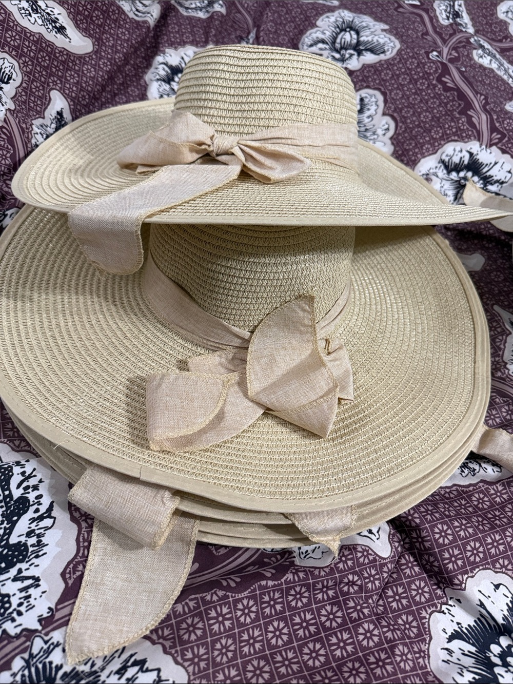 Classic Wide-Brim Straw Sun Hat with Ribbon - Beige